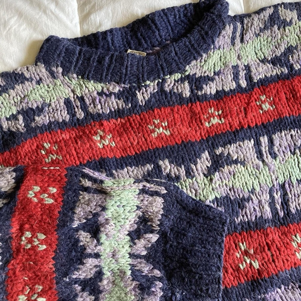 Vtg 100% Wool Ecuadorian Chunky HandKnit Sweater Mens L Fair Isle Rustic Cabin